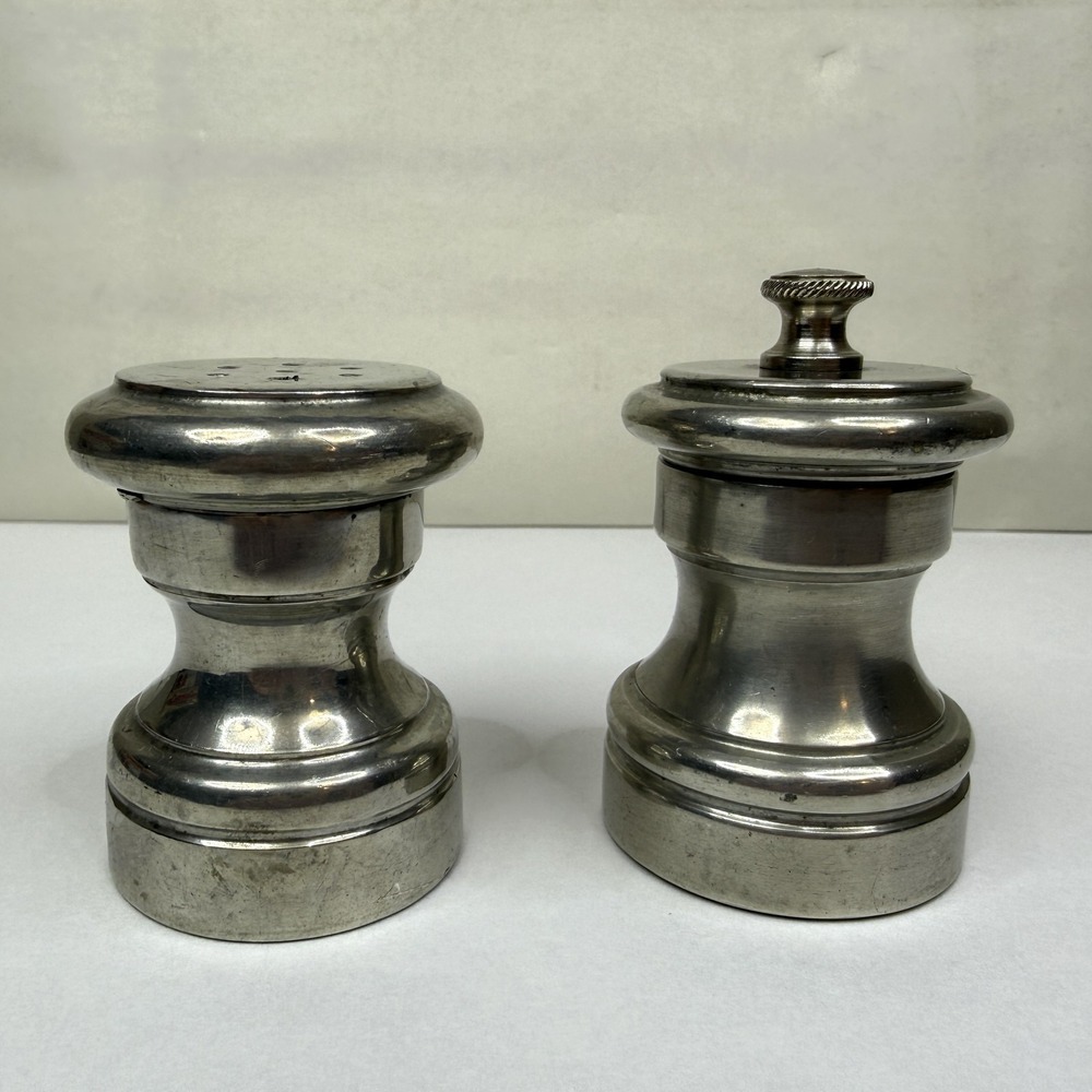 Vintage Pewter Salt Shaker & Pepper Mill Grinder Set Manual Adjustable Grind